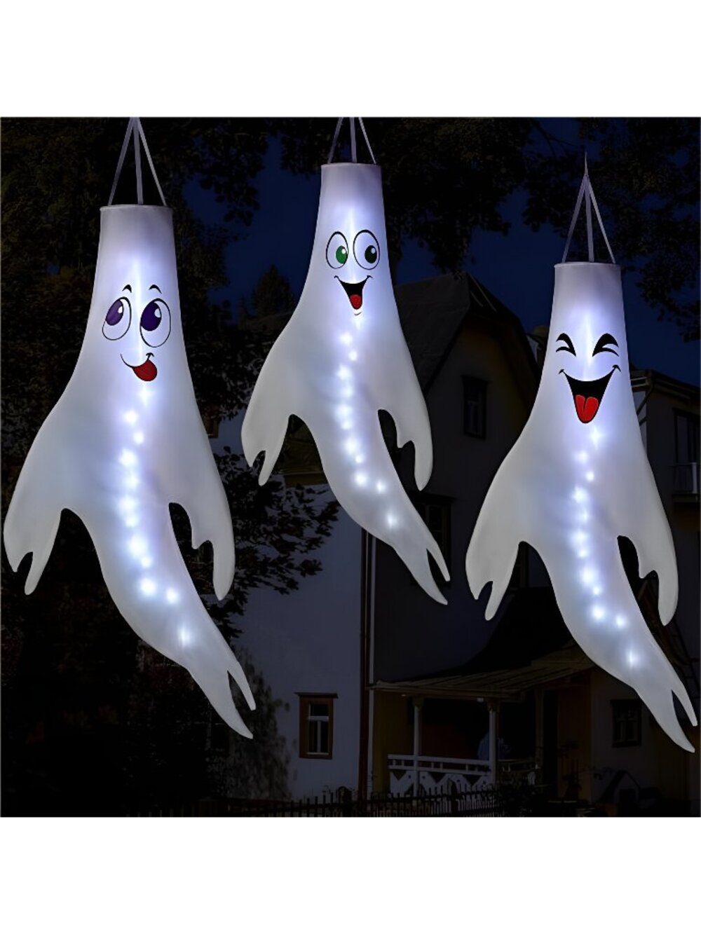 3 Pcs 47” Lighted Ghost Windsock Flag Decor Halloween Decorations Outdoor